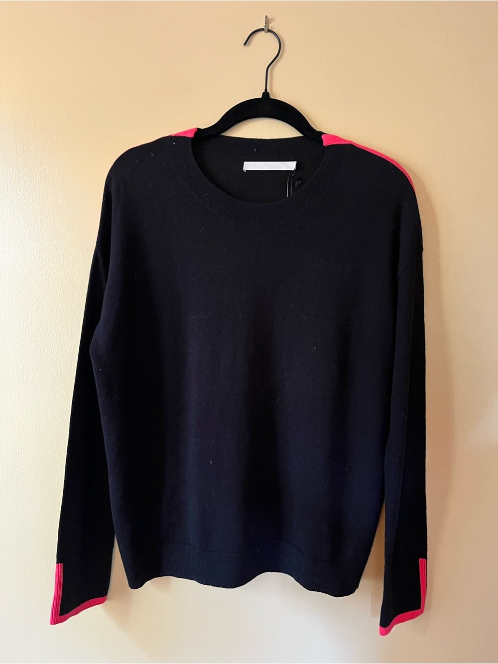One Grey Day Merino Wool, Cotton, Cashmere Black Sweater with Pink Trim Accents
